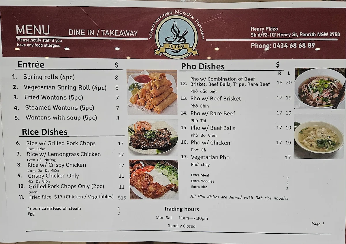 Menu, Hi Pho