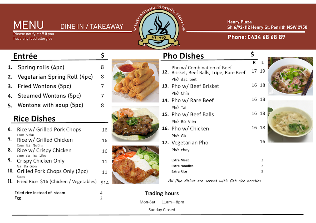 Menu, Hi Pho