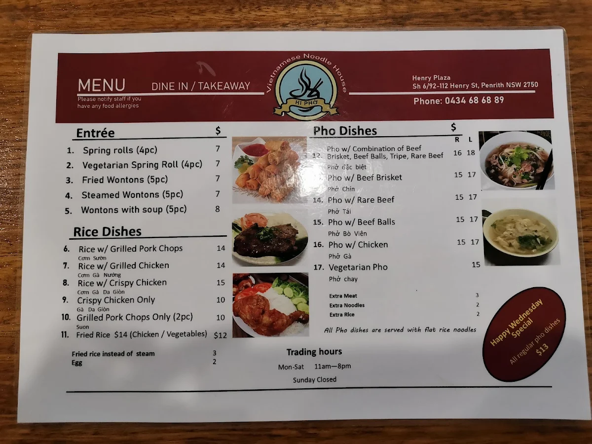 Menu, Hi Pho