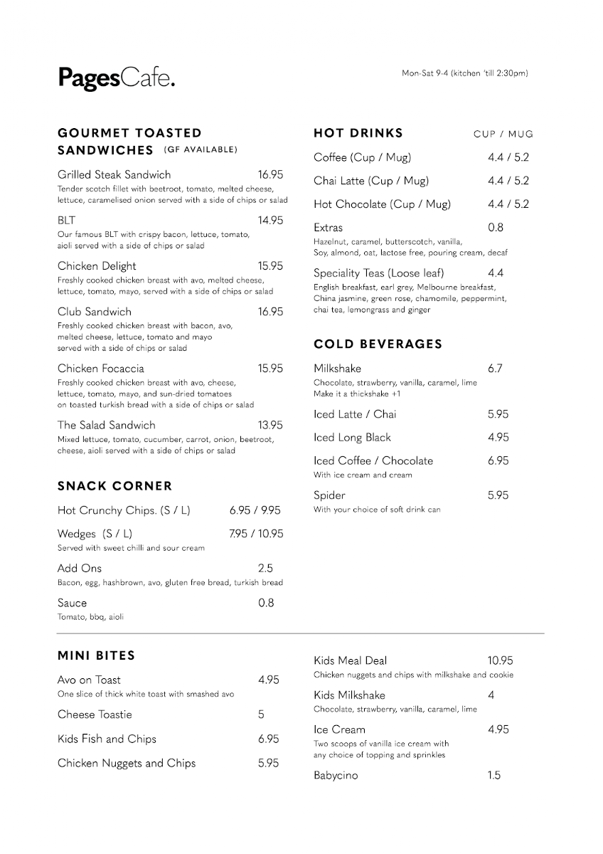 Menu, Pages Cafe Springwood