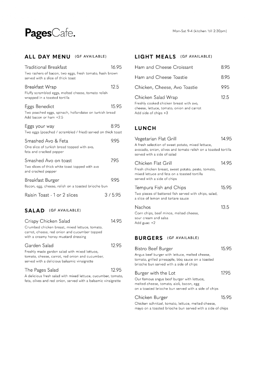 Menu, Pages Cafe Springwood