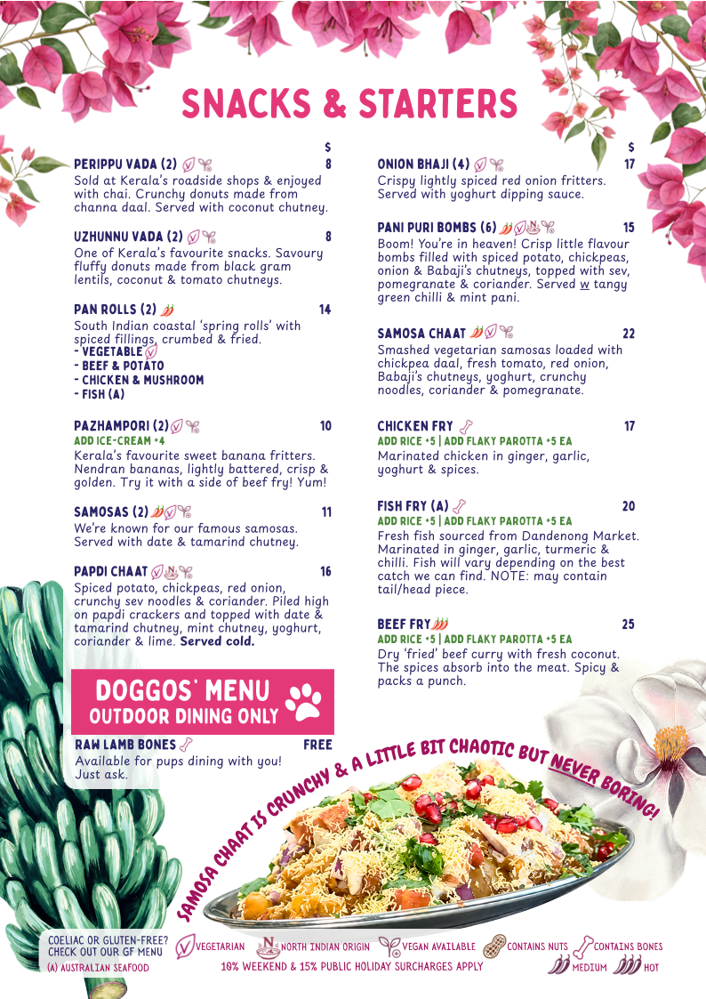 Menu, Babaji's Kerala Kitchen - Warburton