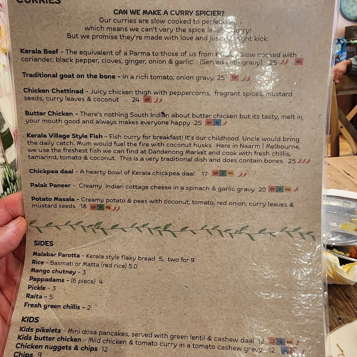 Menu, Babaji's Kerala Kitchen - Warburton