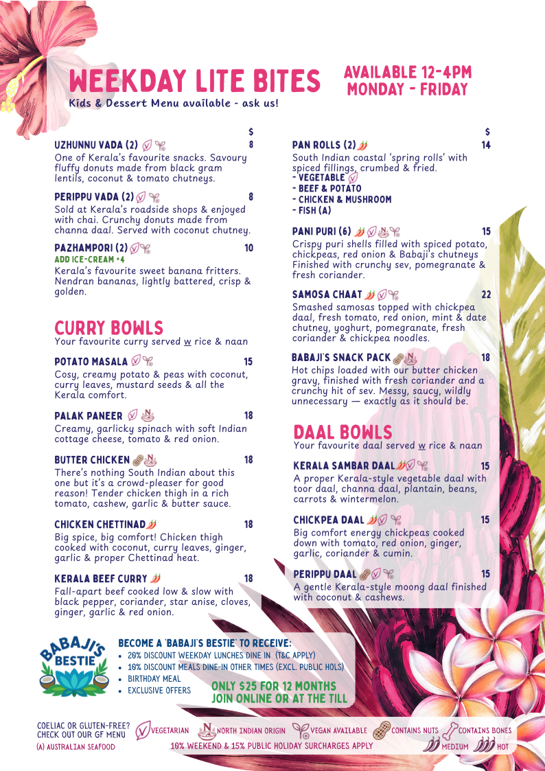 Menu, Babaji's Kerala Kitchen - Warburton