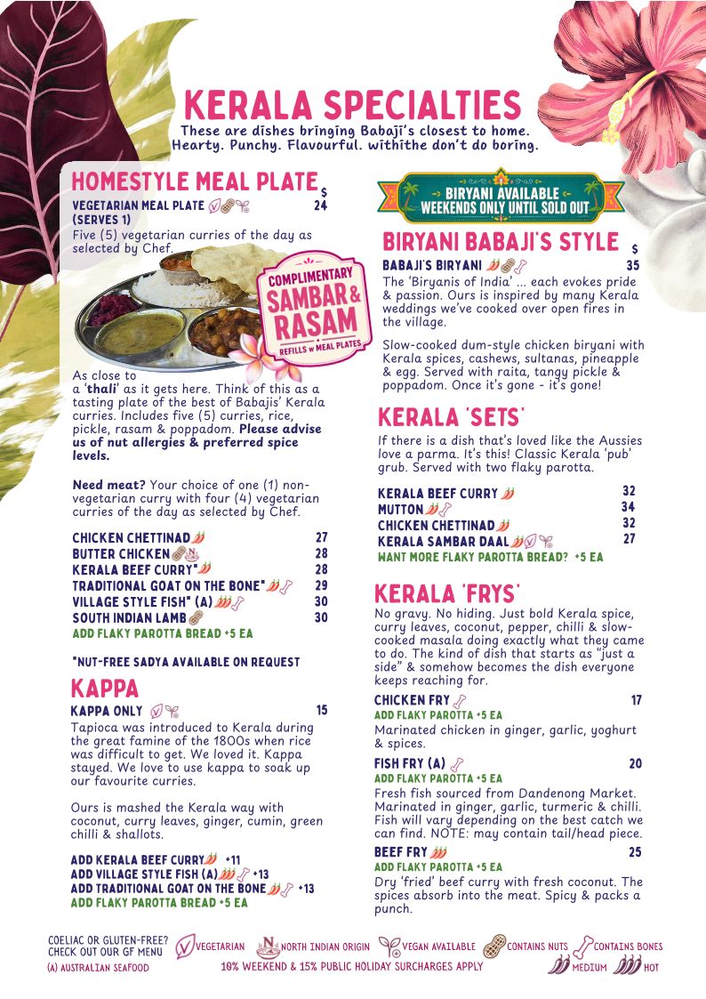 Menu, Babaji's Kerala Kitchen - Warburton