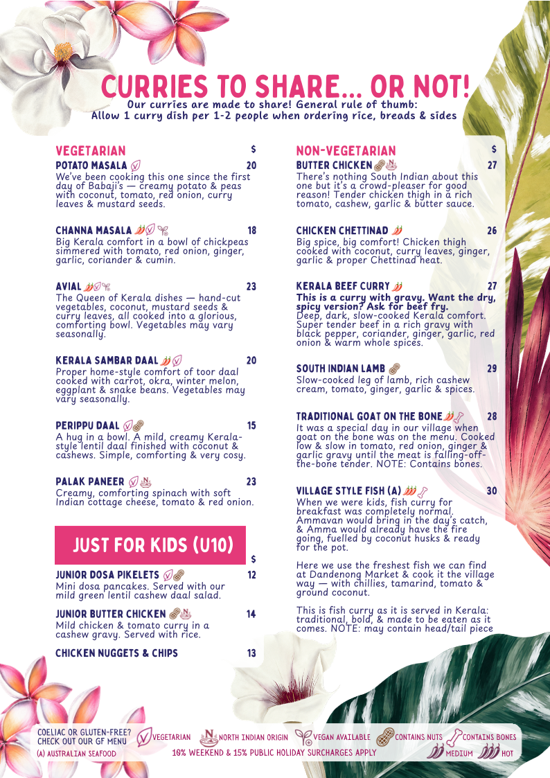 Menu, Babaji's Kerala Kitchen - Warburton