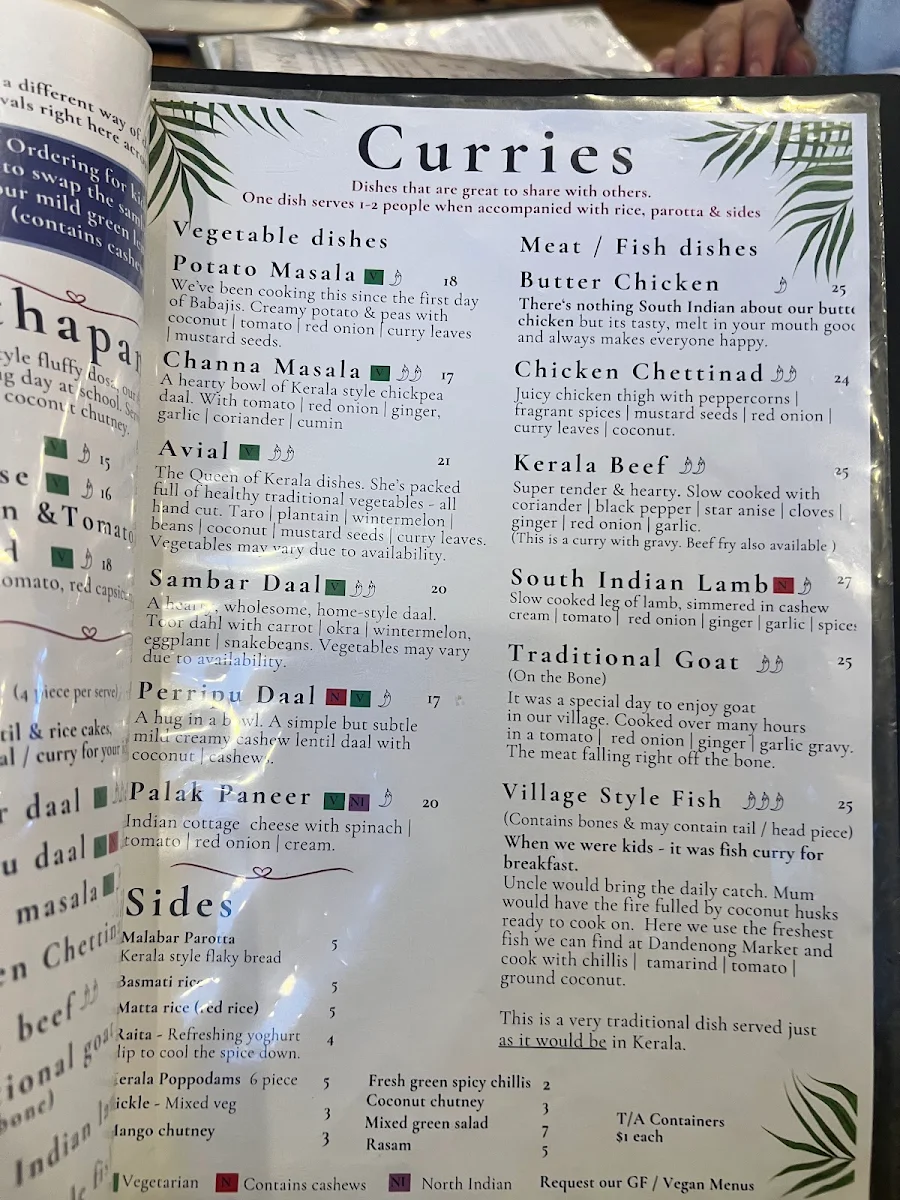 Menu, Babaji's Kerala Kitchen - Warburton
