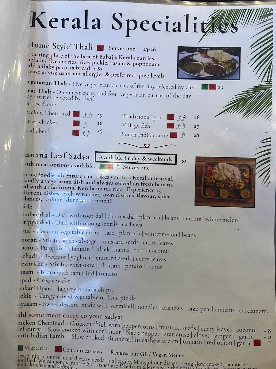 Menu, Babaji's Kerala Kitchen - Warburton