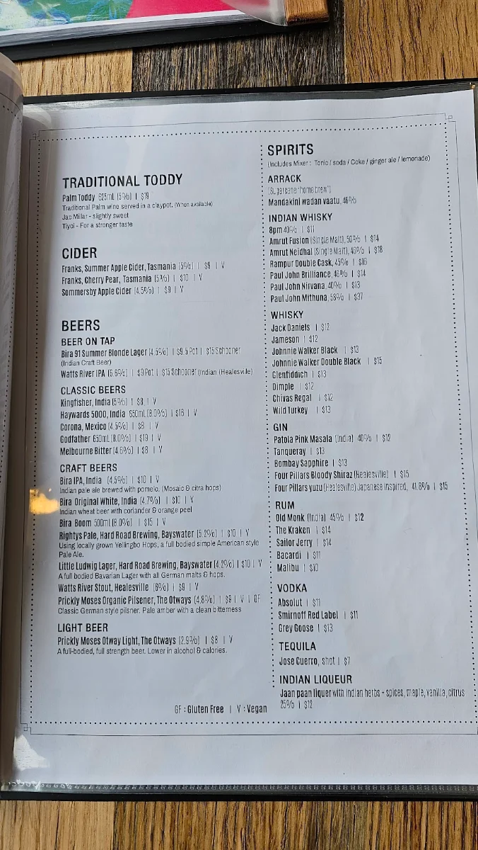 Menu, Babaji's Kerala Kitchen - Warburton