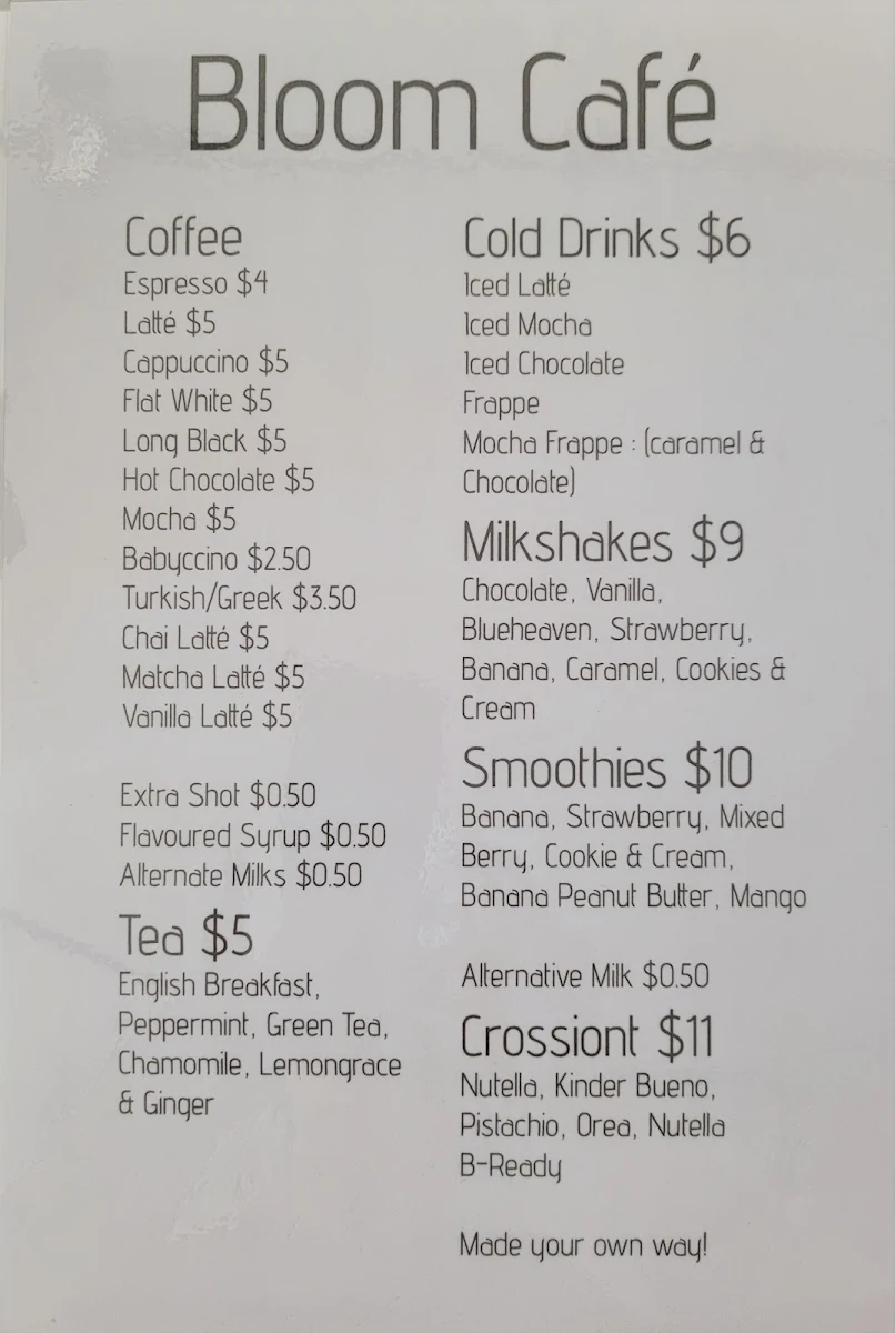 Menu, Bloom Cafe