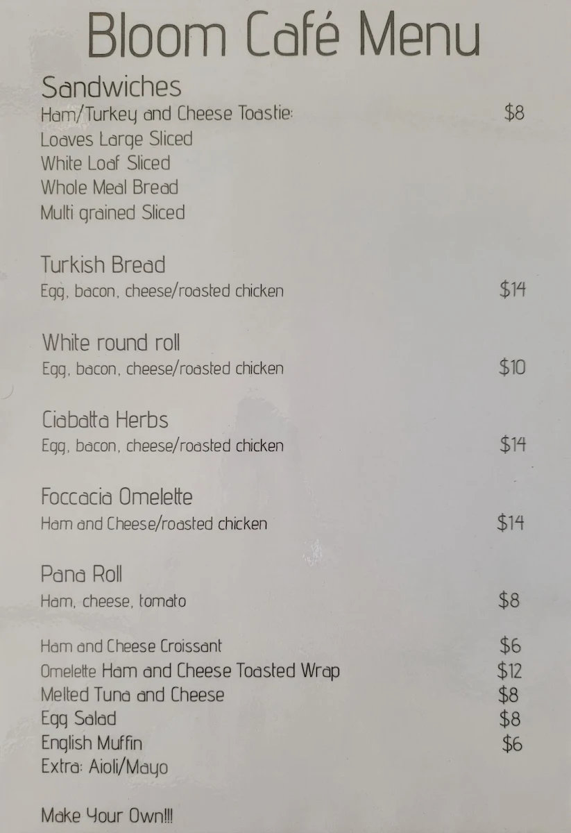 Menu, Bloom Cafe