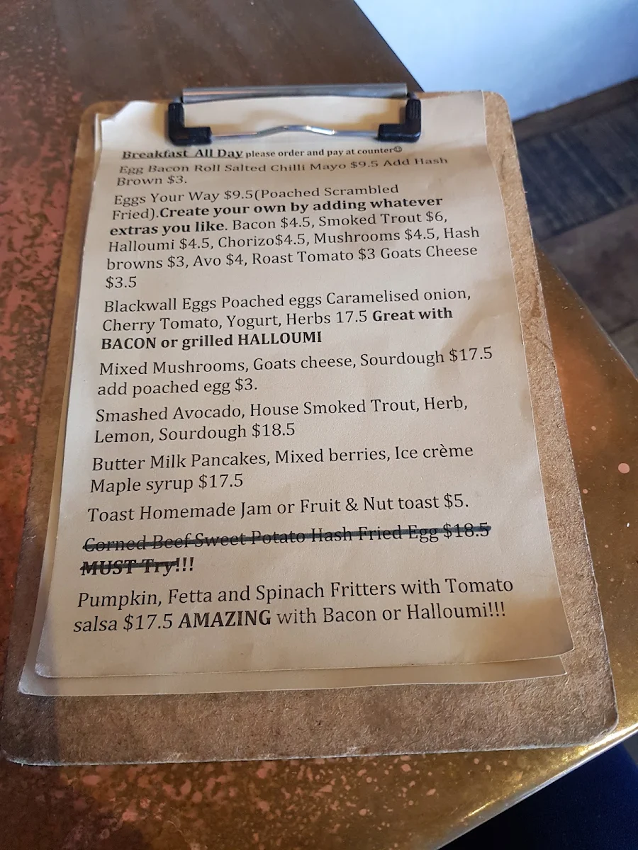 Menu, Blackwall Cafe