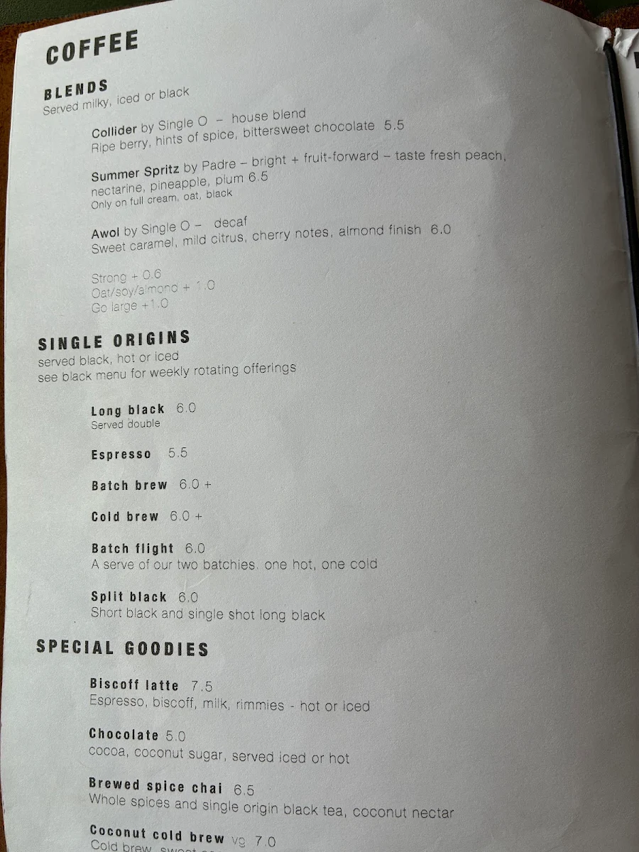 Menu, Opus Coffee Brewers