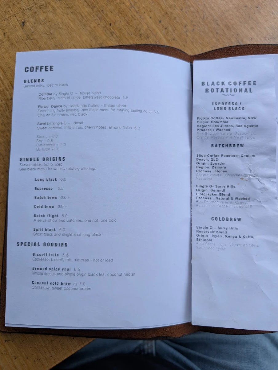 Menu, Opus Coffee Brewers