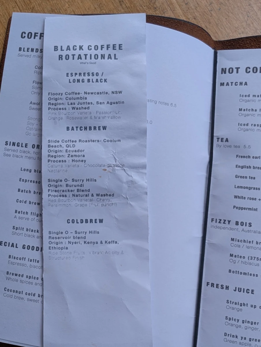 Menu, Opus Coffee Brewers