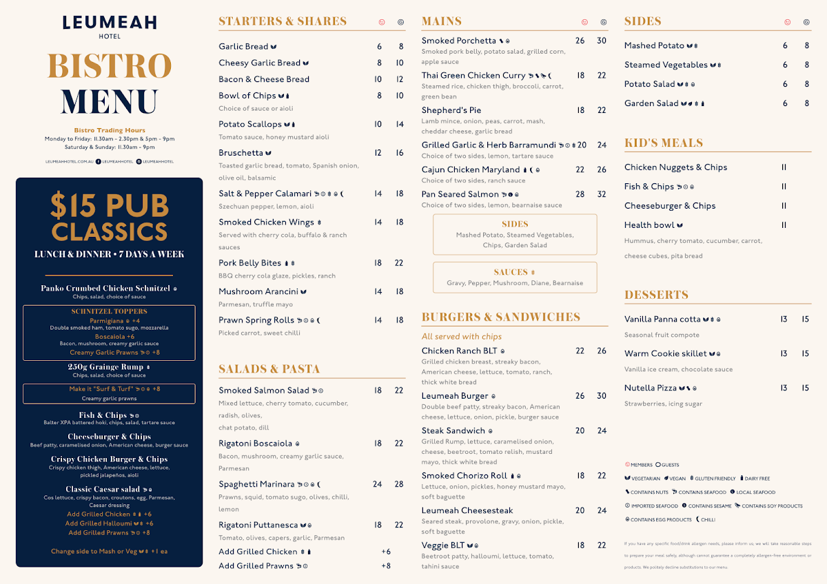 Menu, Leumeah Hotel