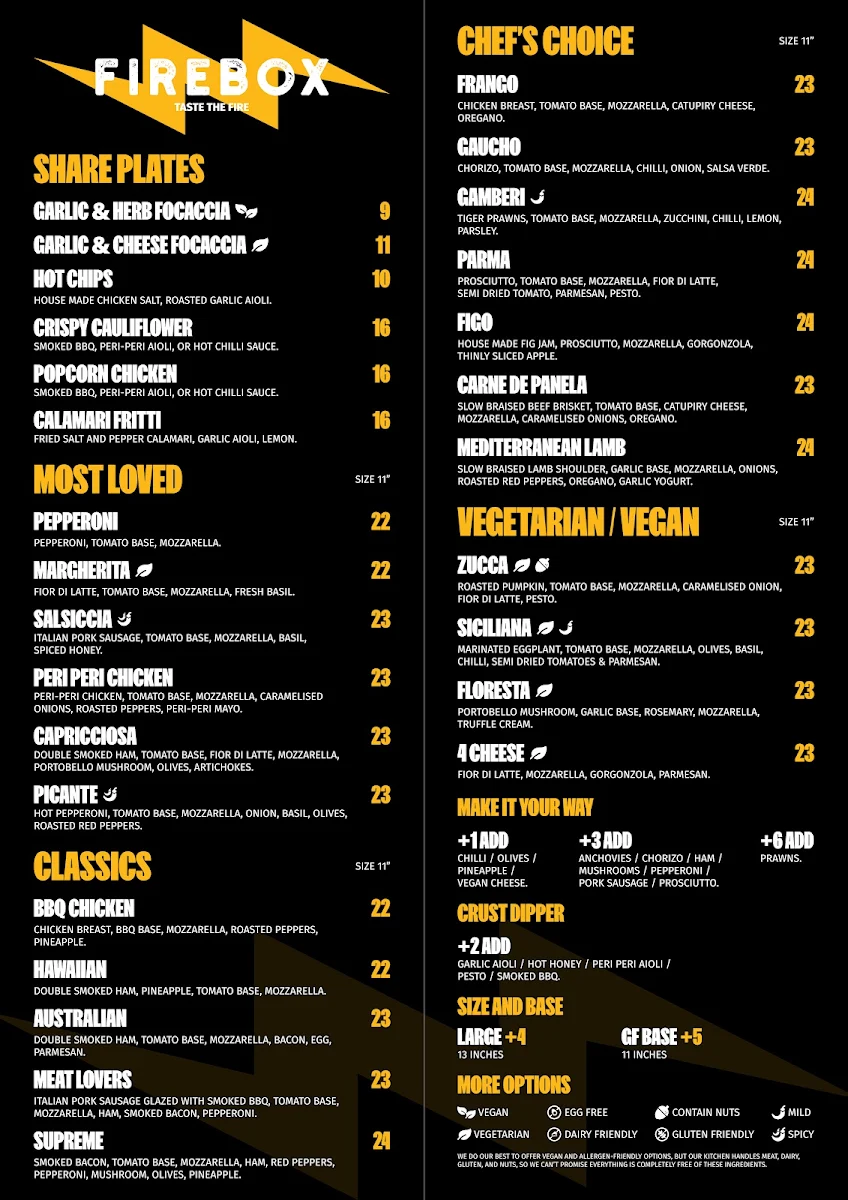 Menu, Firebox Pizza South Melbourne