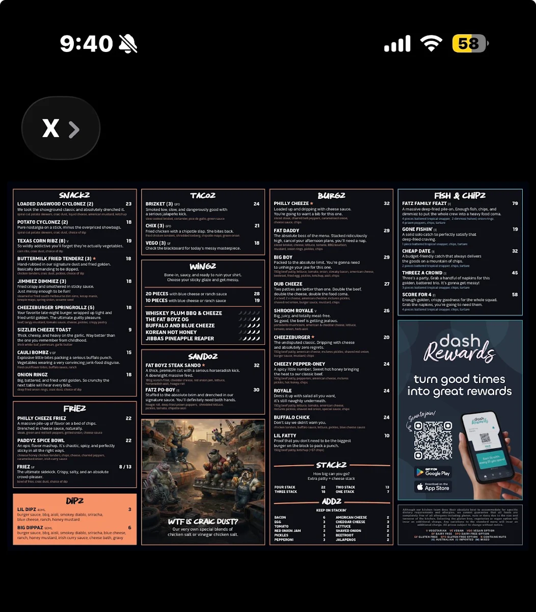 Menu, Fat Boyz Bicton