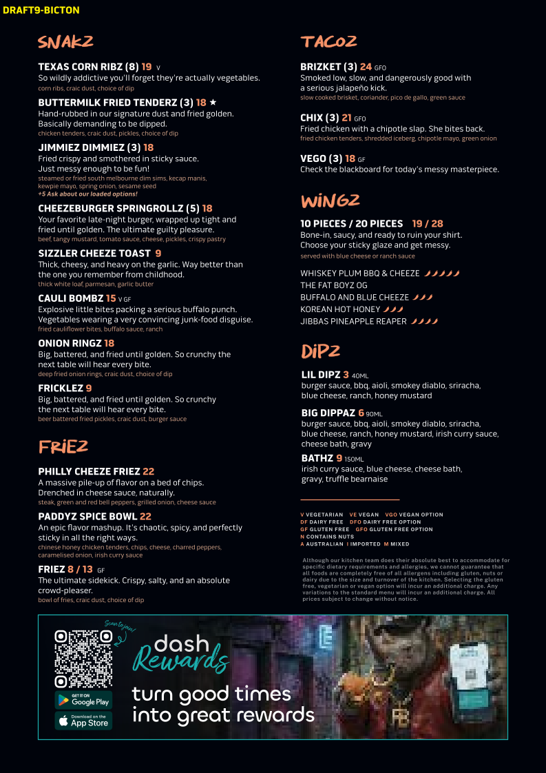 Menu, Fat Boyz Bicton