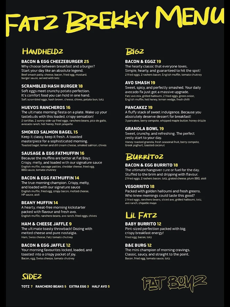 Menu, Fat Boyz Bicton