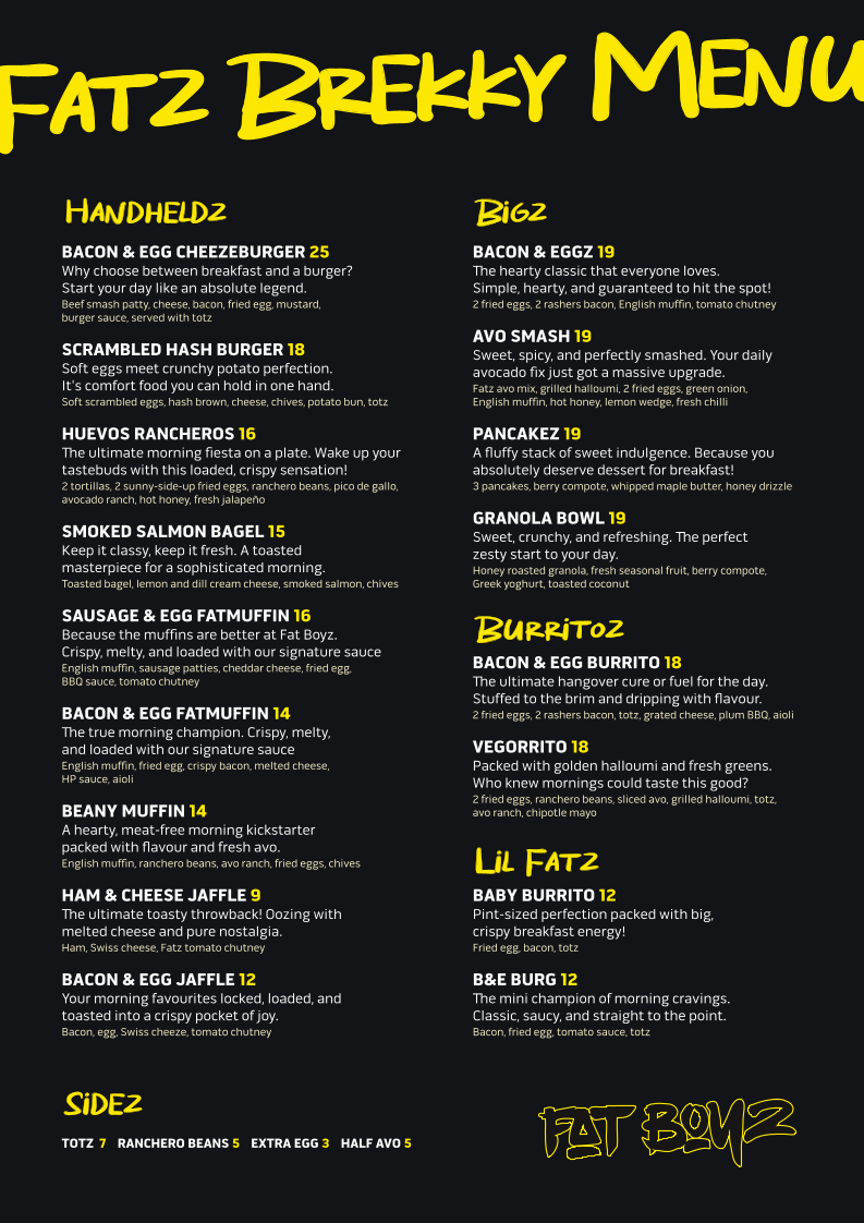 Menu, Fat Boyz Bicton