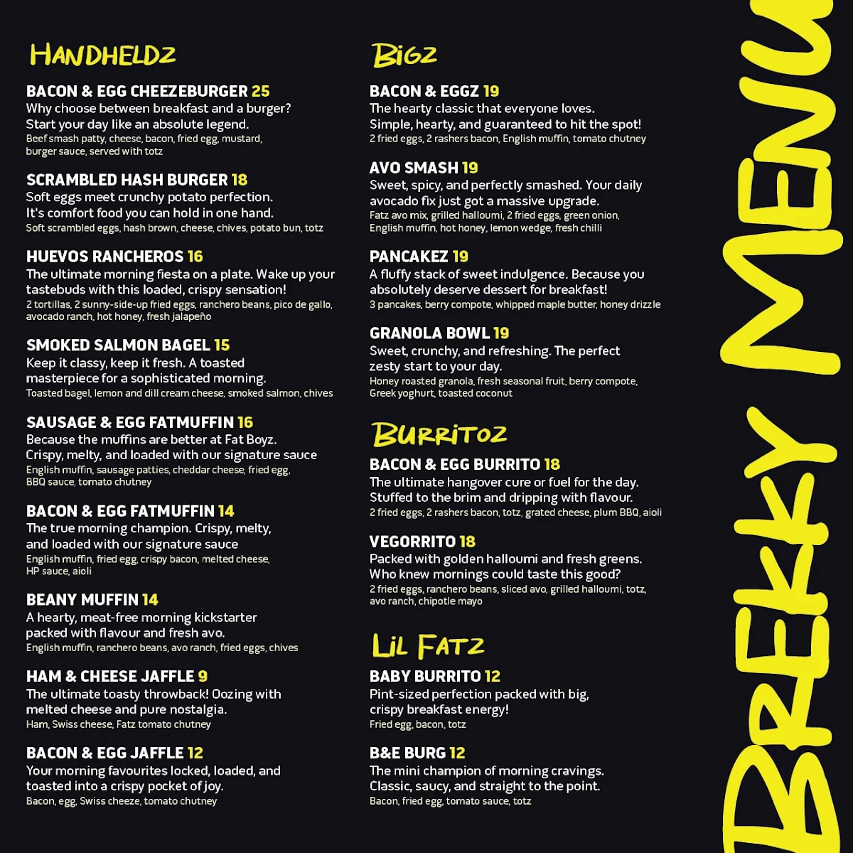Menu, Fat Boyz Bicton