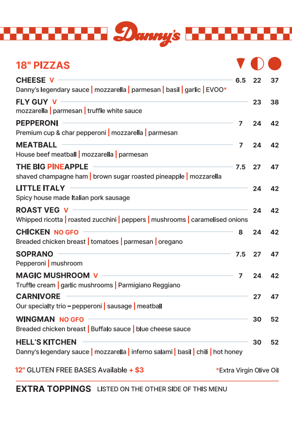 Menu, Danny’s Pizza