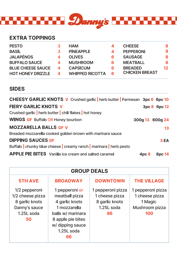 Menu, Danny’s Pizza
