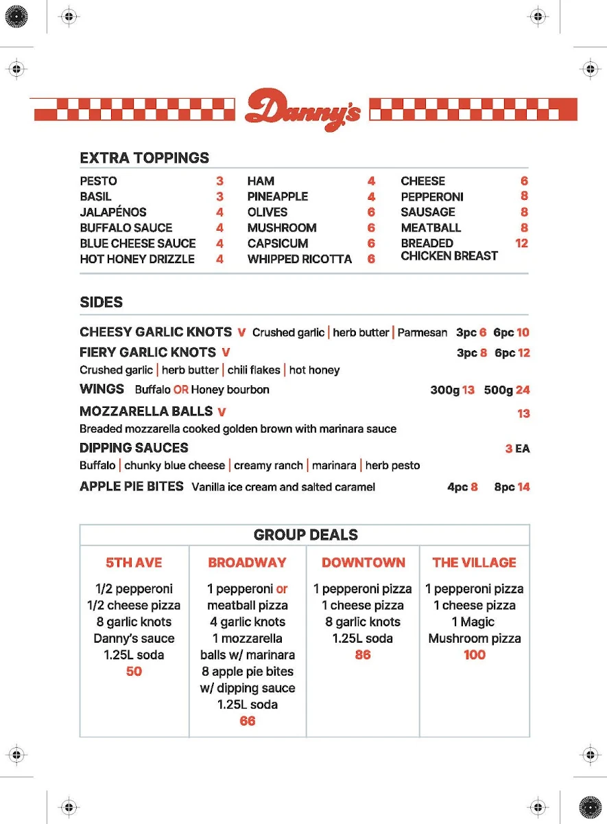 Menu, Danny’s Pizza