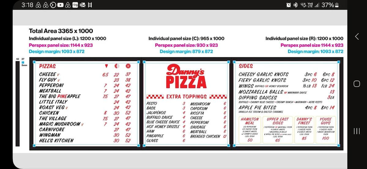 Menu, Danny’s Pizza