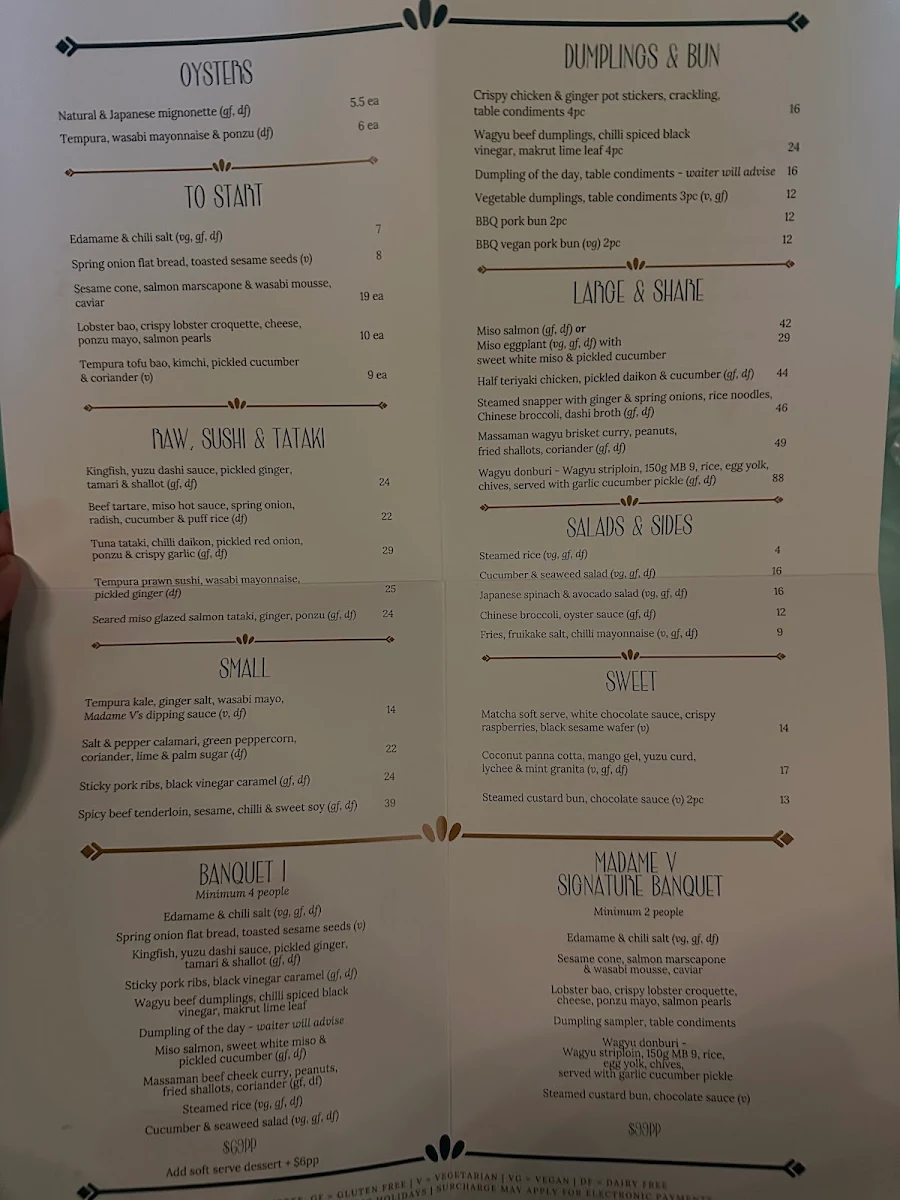 Menu, Madame V