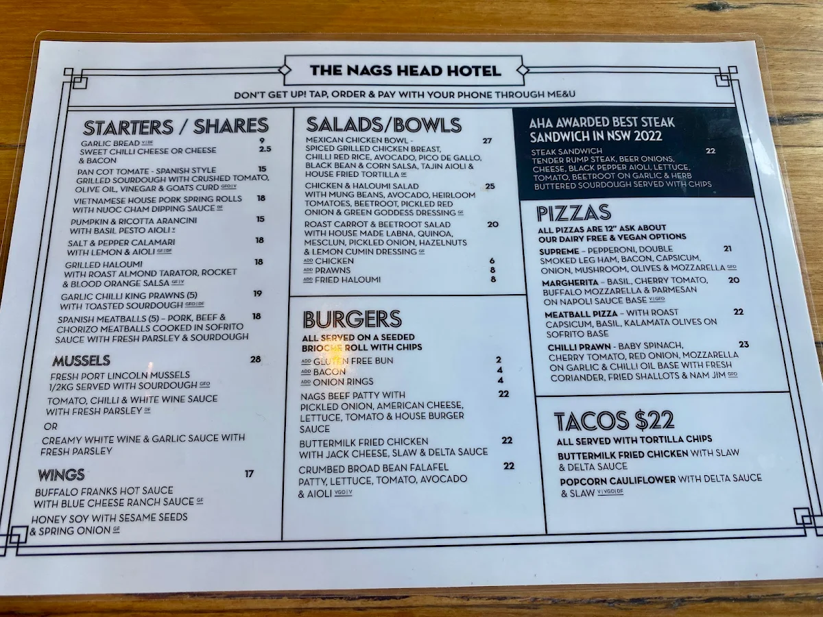 Menu, The Nags Head