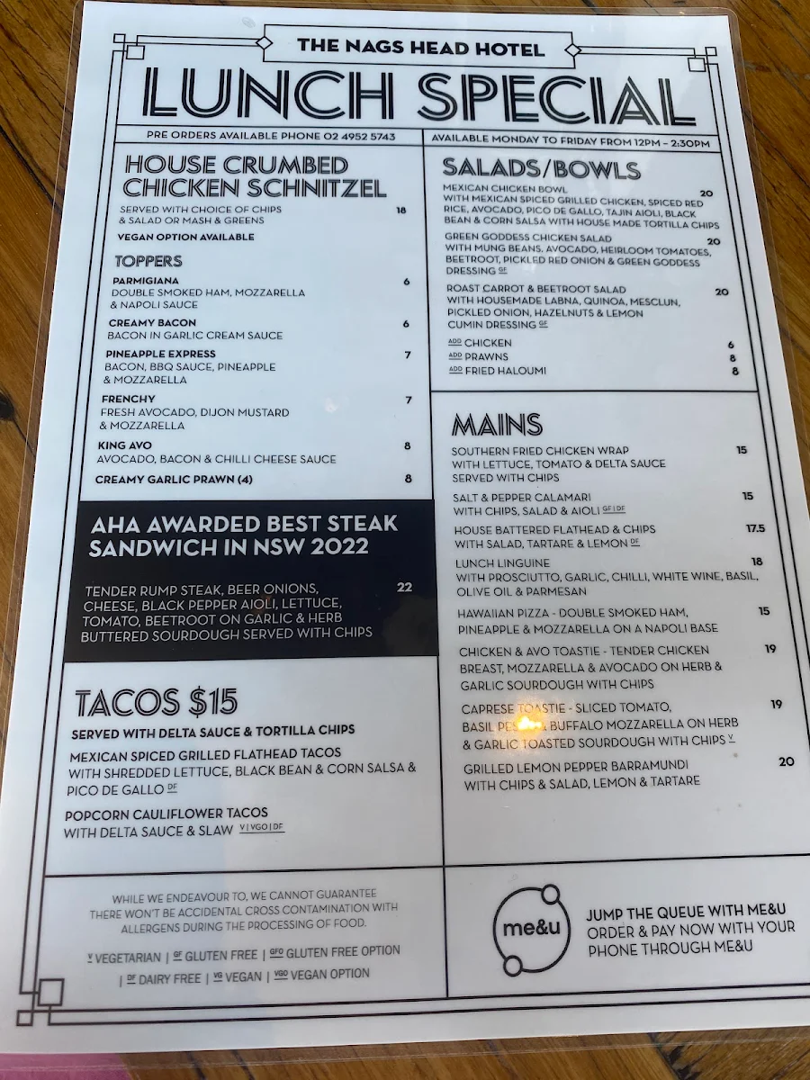 Menu, The Nags Head