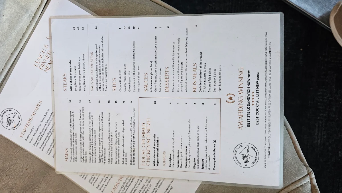 Menu, The Nags Head