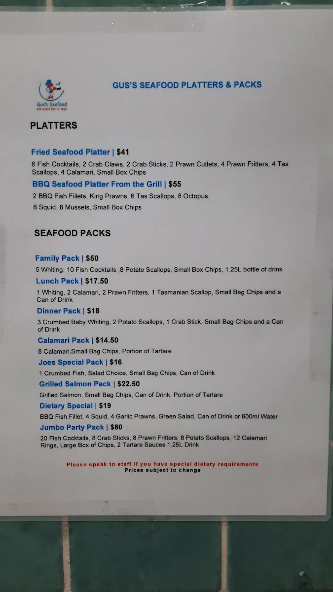 Menu, Gus's Seafood