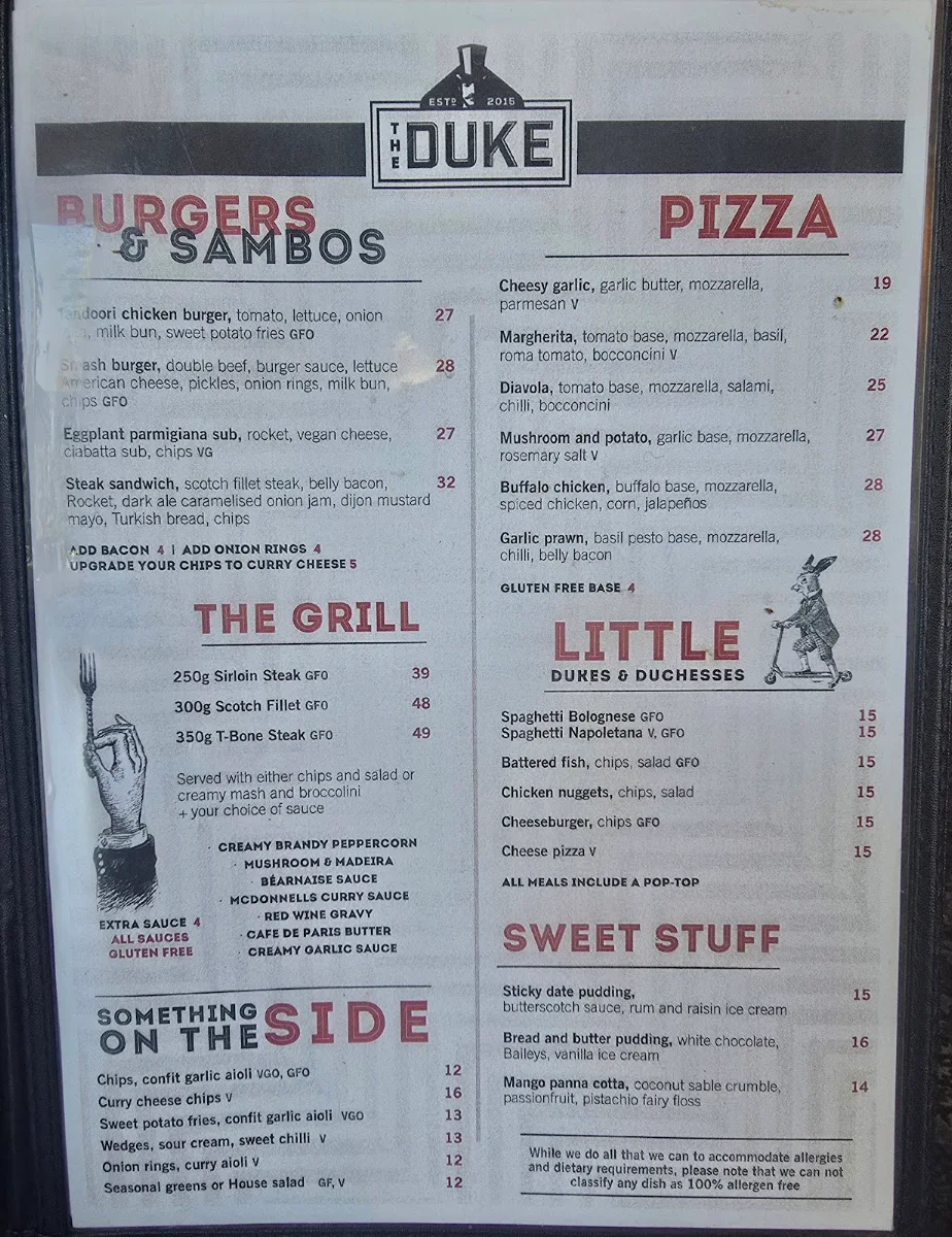Menu, The Duke Bar and Bistro