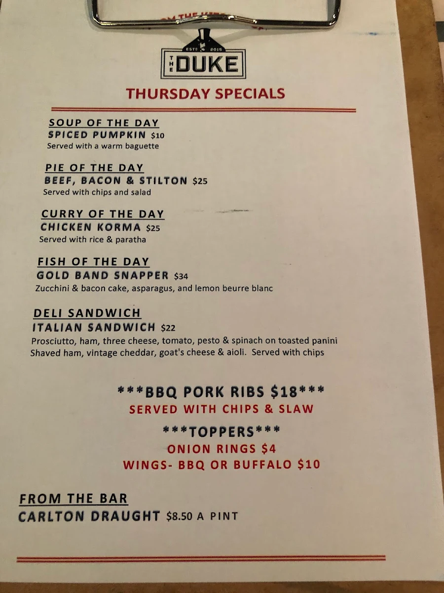 Menu, The Duke Bar and Bistro