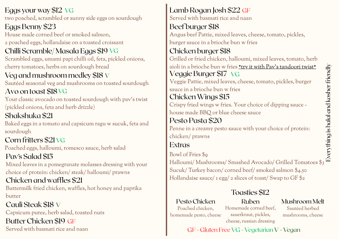 Menu, Pav’s Cafe
