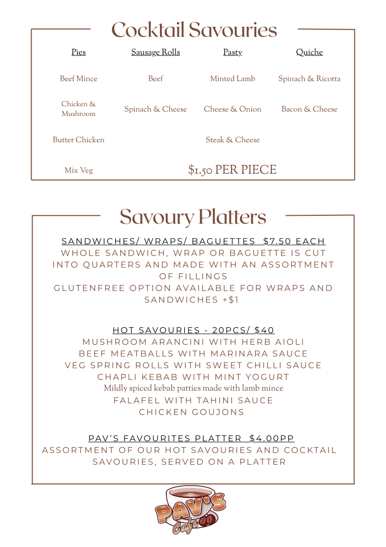 Menu, Pav’s Cafe