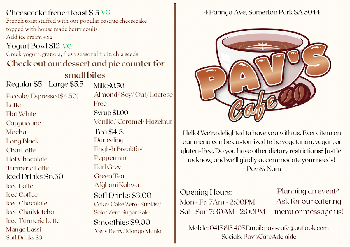 Menu, Pav’s Cafe
