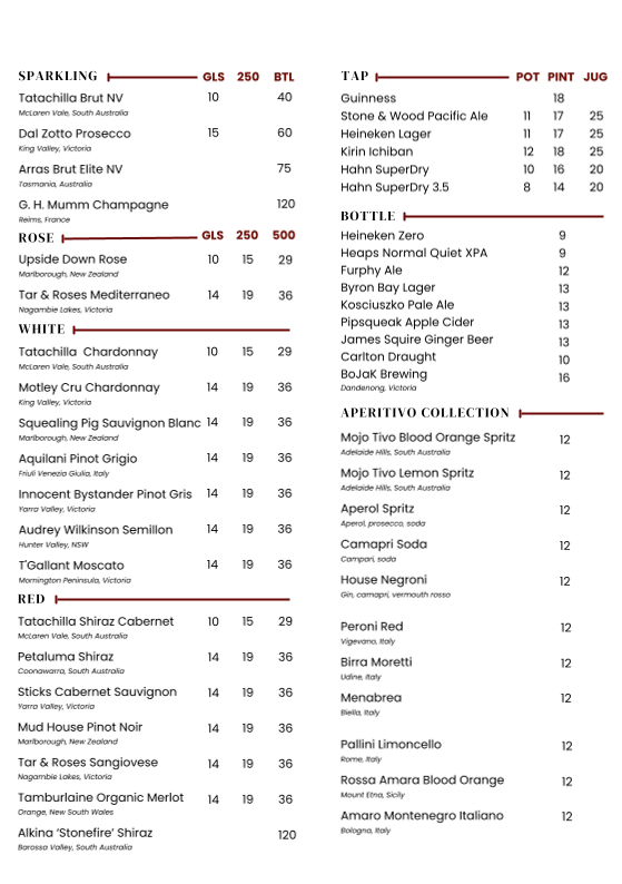 Menu, Stonefire Italian