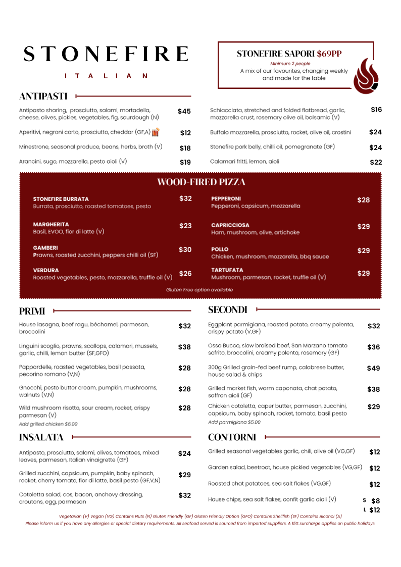 Menu, Stonefire Italian