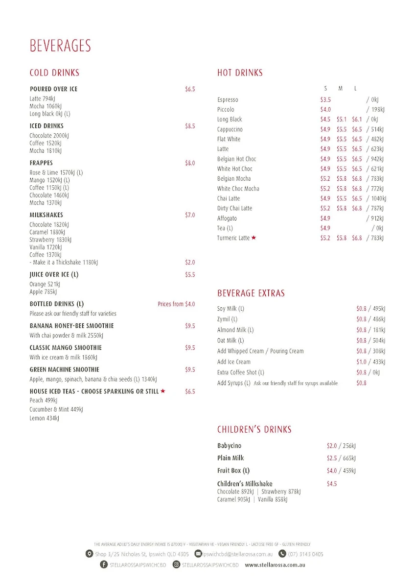 Menu, Stellarossa Ipswich CBD