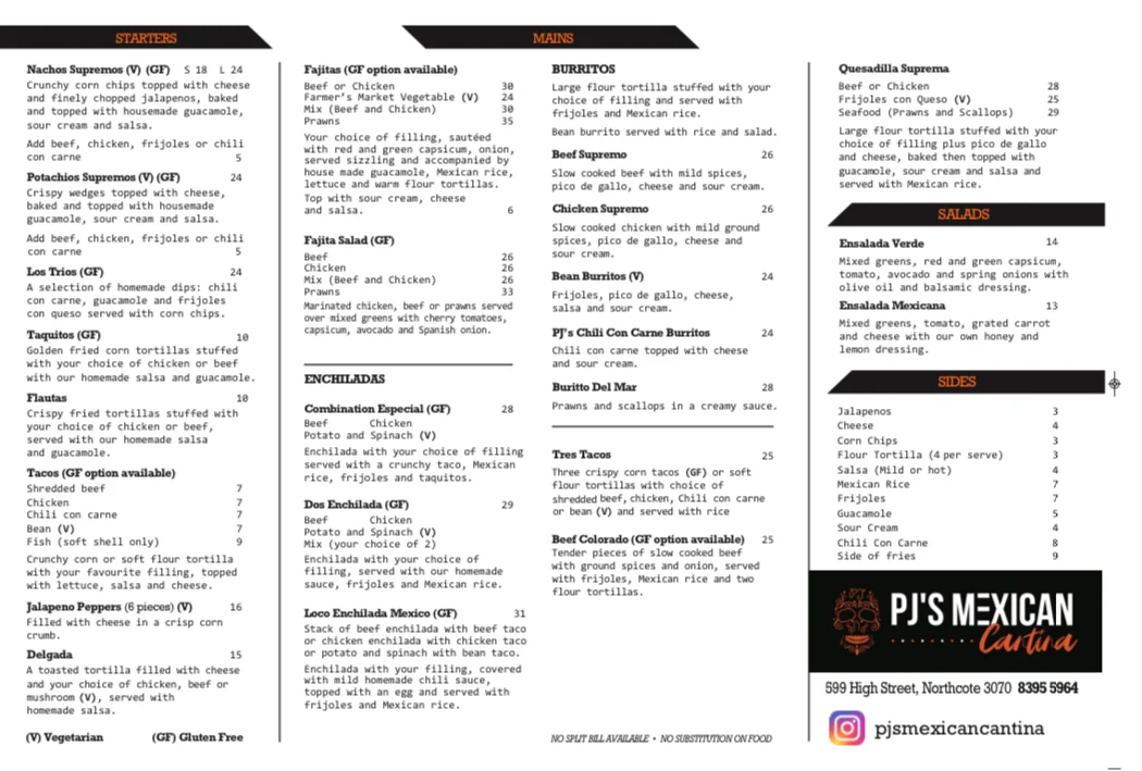 Menu, Pj's Mexican Cantina