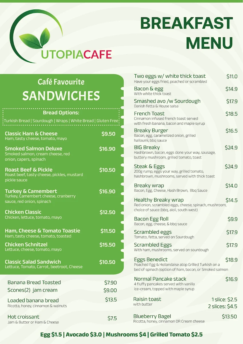 Menu, Utopia cafe Kingaroy