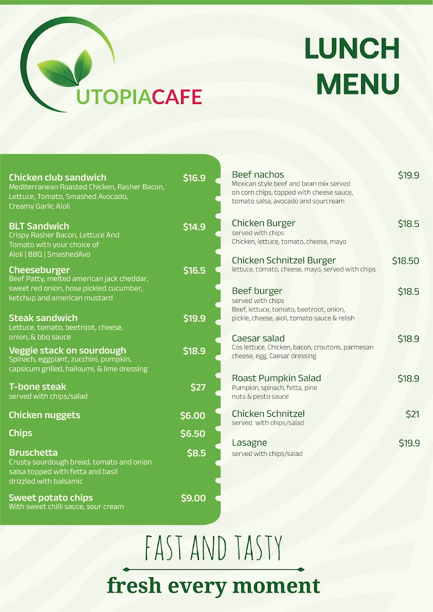 Menu, Utopia cafe Kingaroy