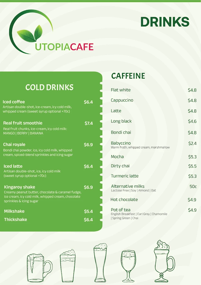 Menu, Utopia cafe Kingaroy