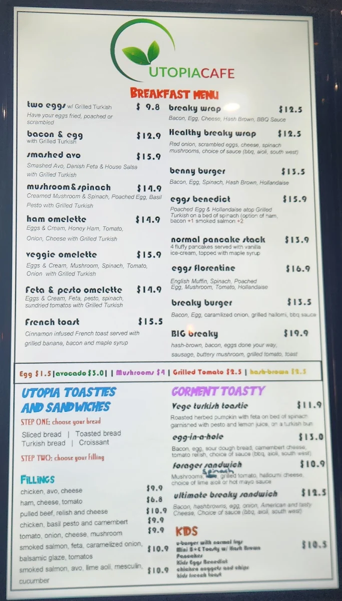 Menu, Utopia cafe Kingaroy