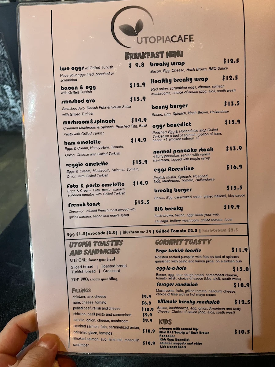 Menu, Utopia cafe Kingaroy