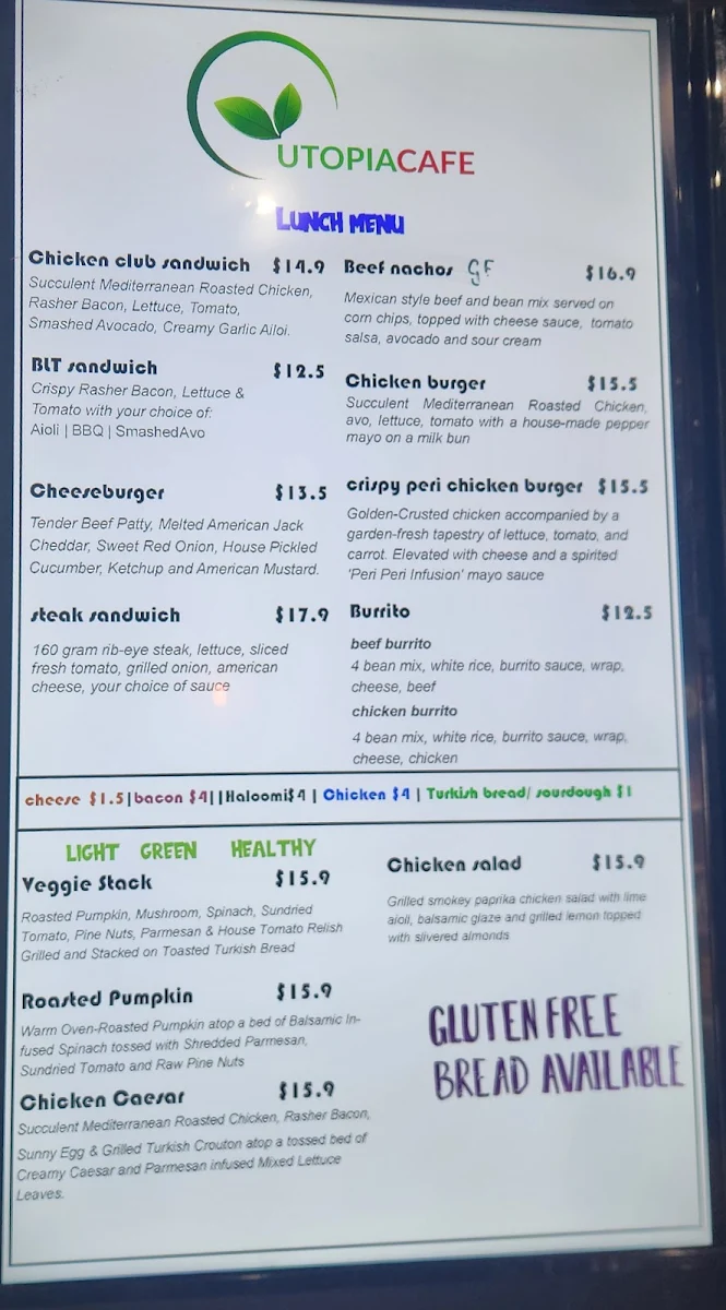 Menu, Utopia cafe Kingaroy
